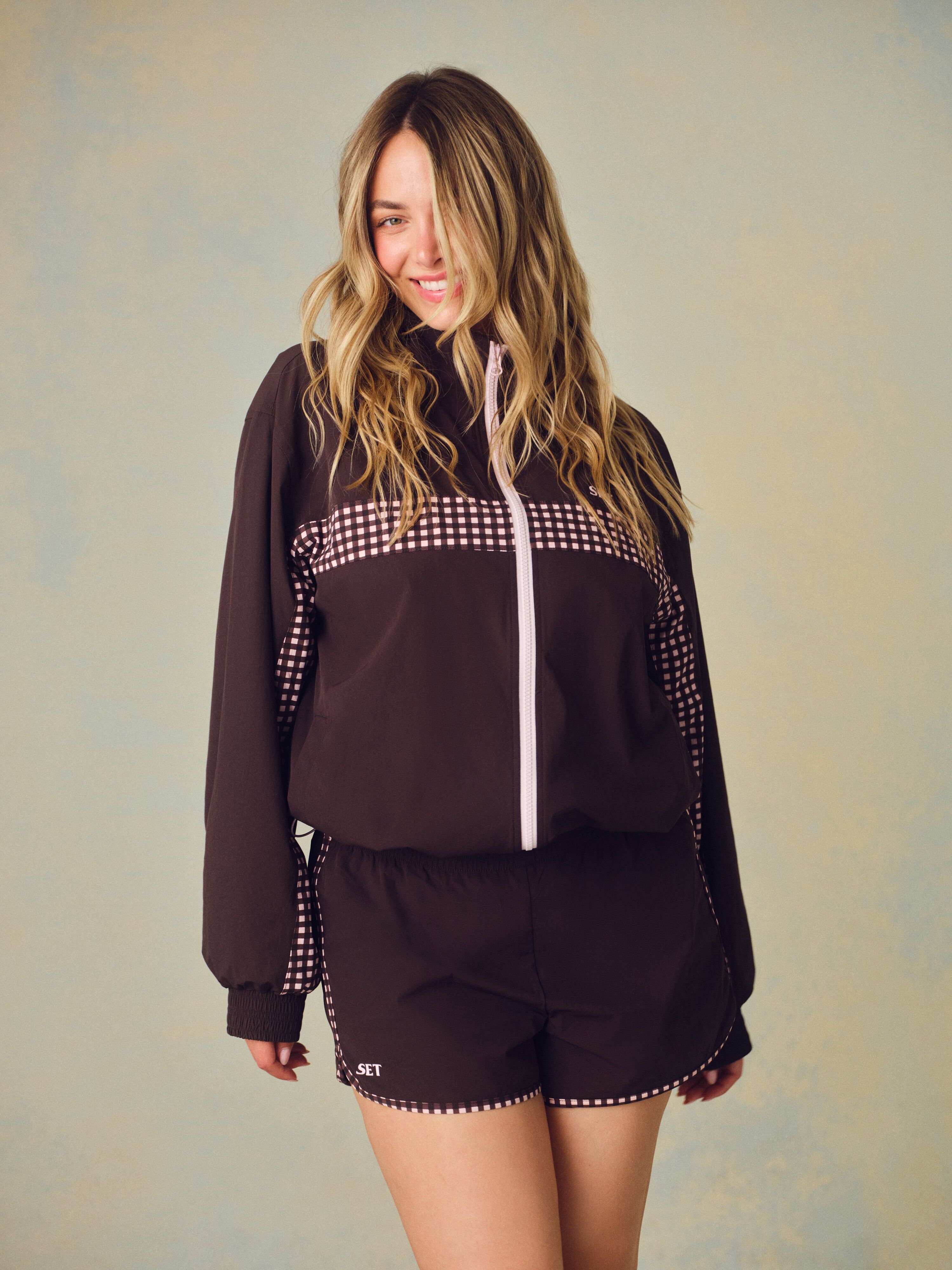 Nylon Track Gingham Panel Jacket - Driftwood