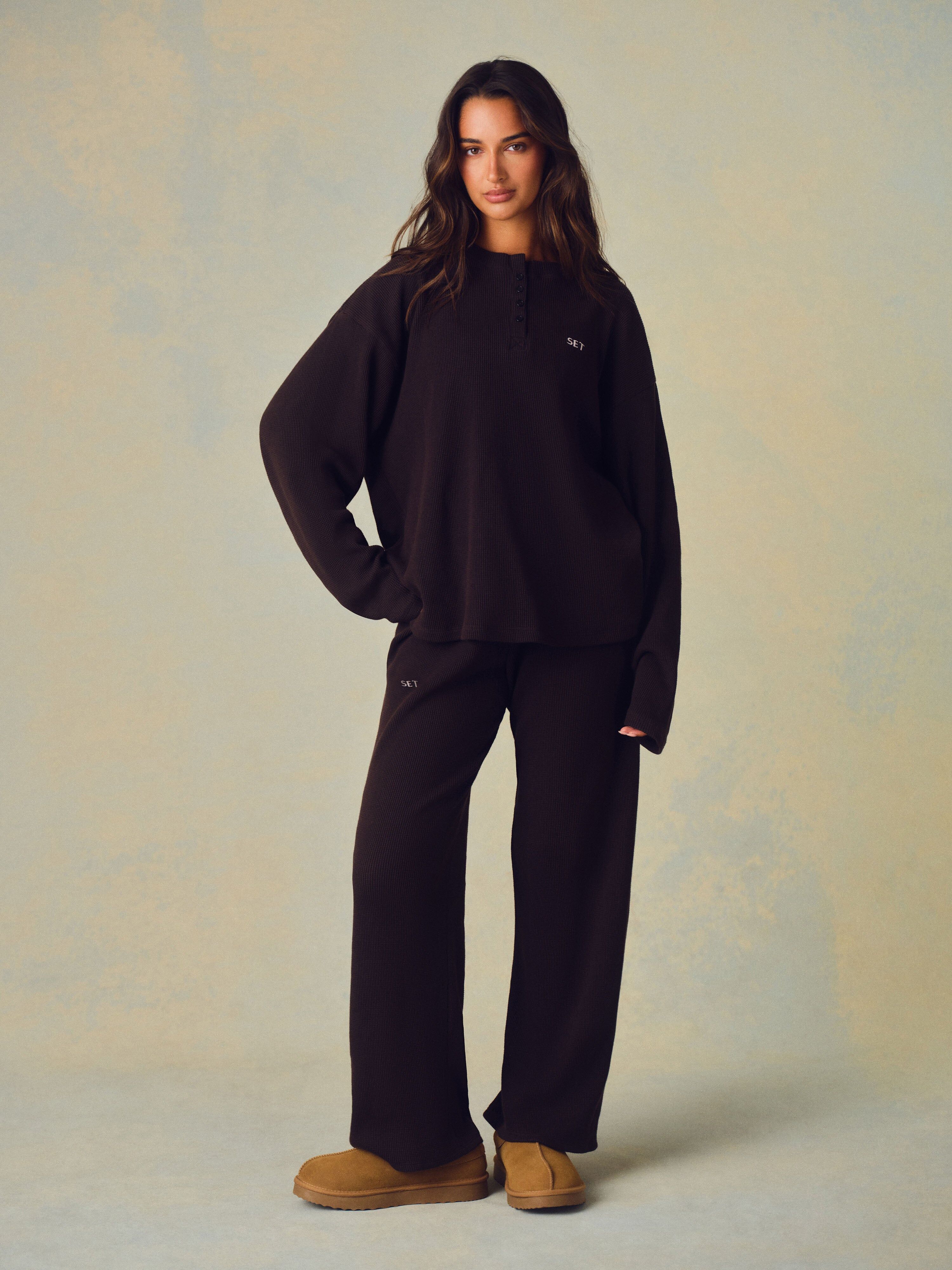 Waffle Lounge Drawstring Straight Leg Pants - Driftwood
