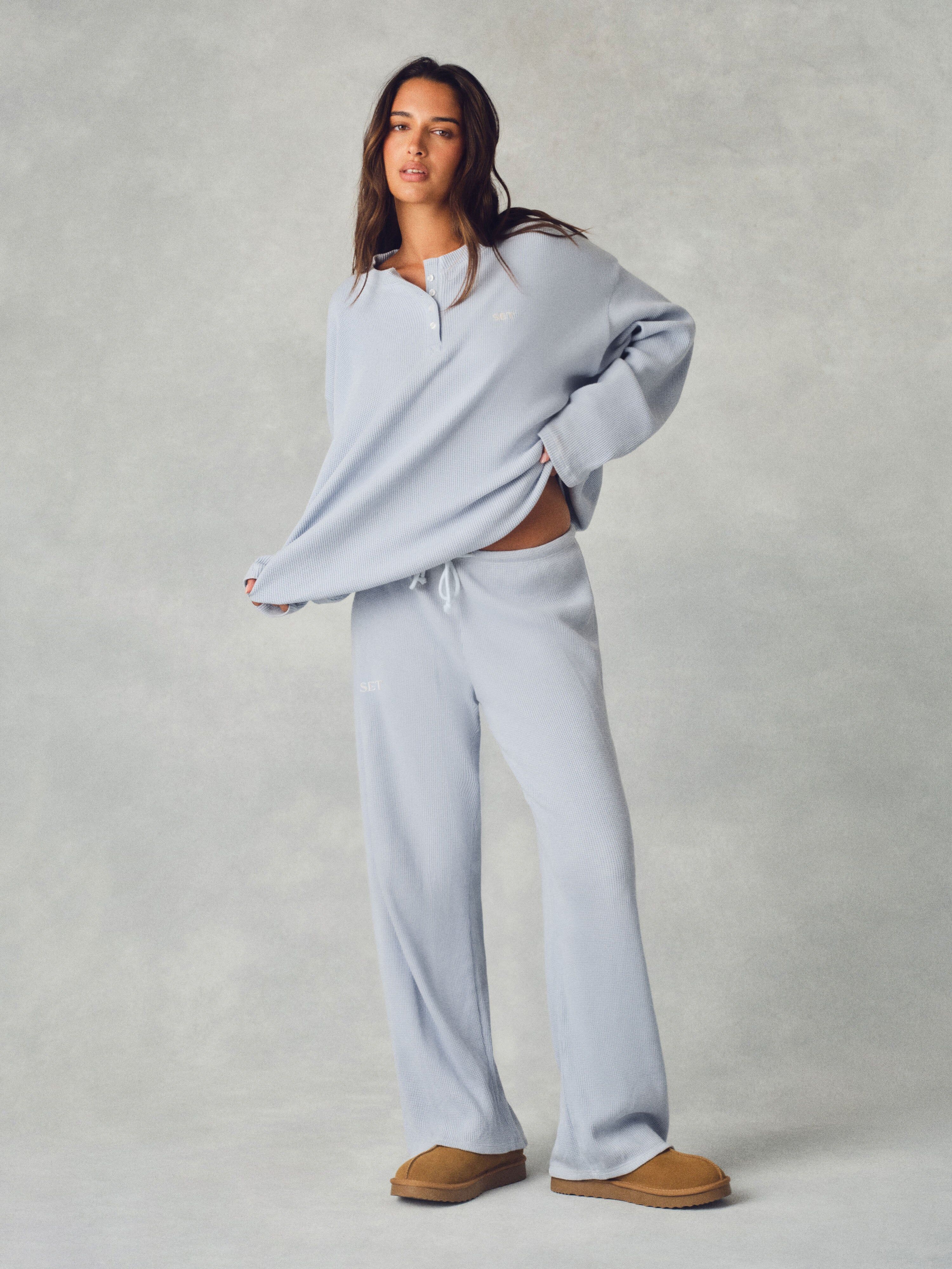 Waffle Lounge Drawstring Straight Leg Pants - Palmetto