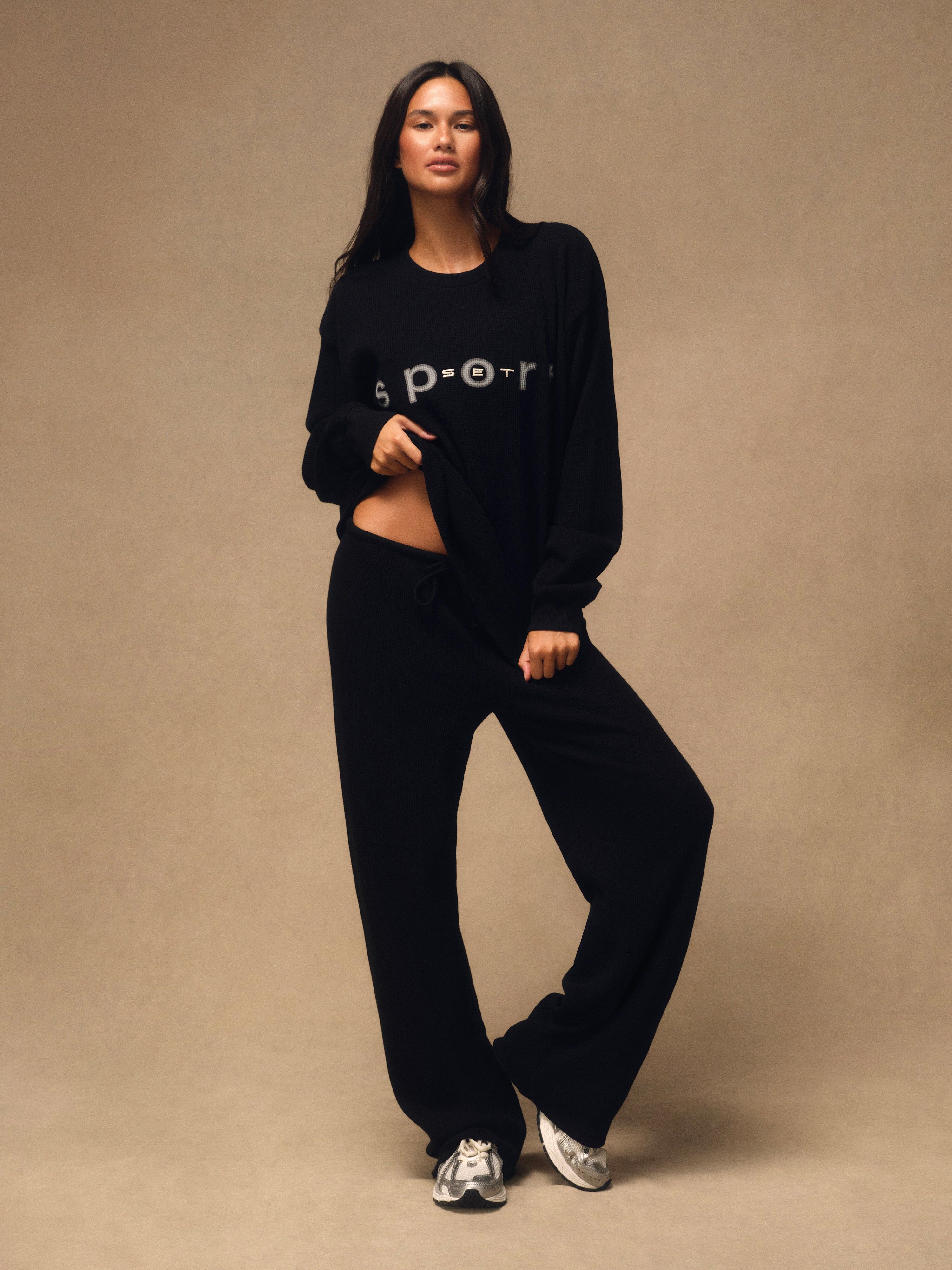 Waffle Lounge Drawstring Straight Leg Pants - Onyx